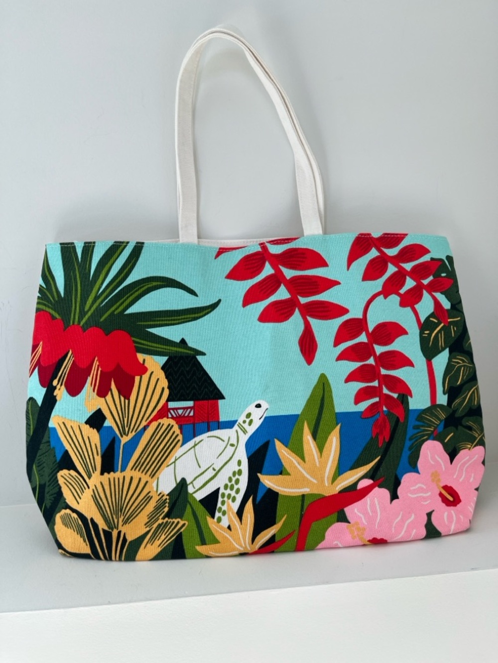 CLARINS Canvas Beach Tote Bag Double Handle Turtle Floral Tropical Colourful